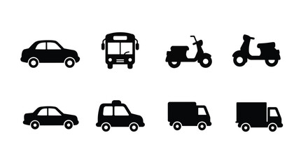 Black silhouette icons of various vehicles including cars buses and scooters taxi