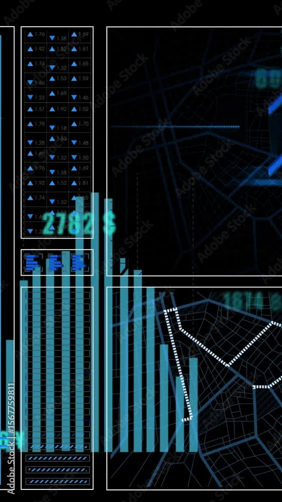 Poster the video depicts various graphs and financial data being processed on a black background