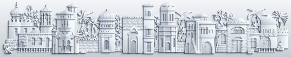 White papercut style vector illustration of an oriental city with domes, towers, and minarets. Perfect for Arabian, Islamic, and fairytale themed designs