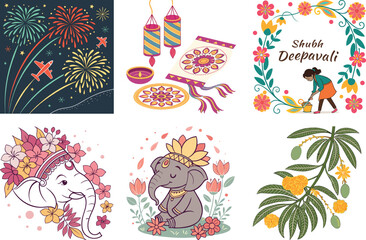 Obraz premium A delightful set of funny animal cartoon illustrations with seamless vector Christmas and floral pattern design decoration for holiday cards
