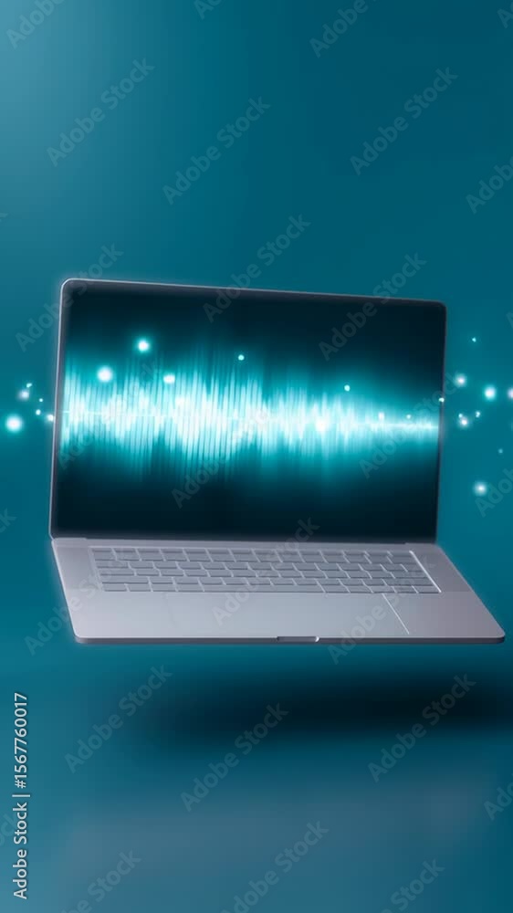 Fototapete Laptop mock up displaying sound wave visualization on screen, surrounded by glowing particles, representing technology and audio processing in a modern digital environment