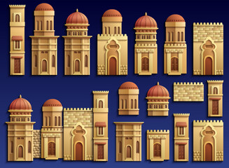 Set of stylized ancient Middle Eastern buildings in paper cut style. Perfect for games, travel guides, architecture projects, or historical infographics. Hand drawn vector illustration