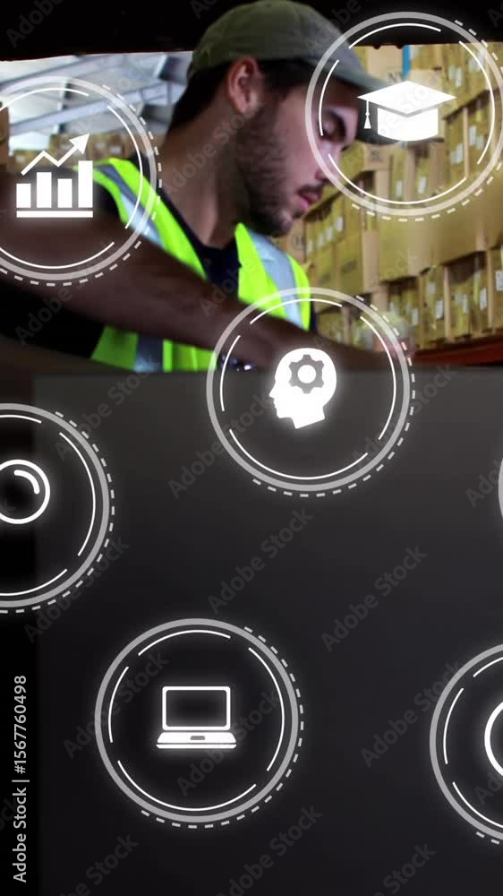Poster animation of network of digital icons over caucasian delivery man loading boxes