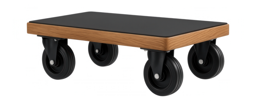 Rubber-topped wooden dolly with heavy-duty wheels for transporting fragile items in a storage facility.