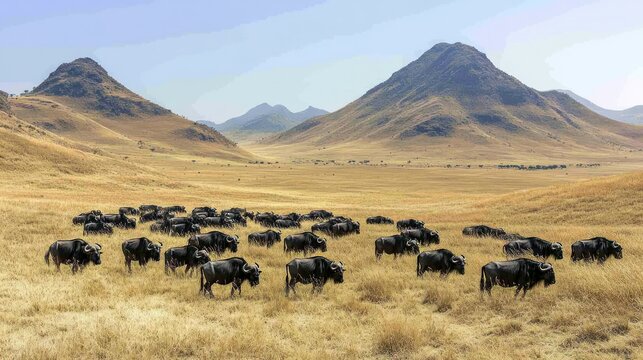 Vast savanna landscape with a large herd of wildebeest grazing.  Panoramic view of the African plains, rolling hills, and distant mountains.  Golden grass, blue sky, and black animals