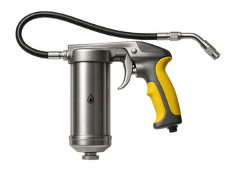 Portable grease gun with a high-pressure hose and ergonomic handle for maintenance in construction sites