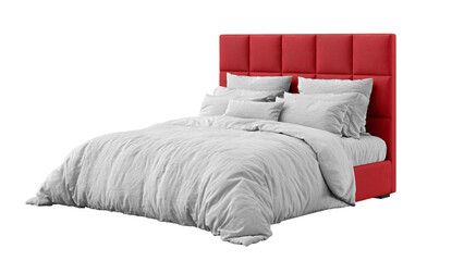 Modern bed with bedding on isolated background. Furniture for the interior collages and presentations.
