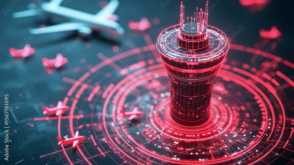 Poster futuristic airport control tower surrounded by digital planes and abstract red patterns, symbolizing