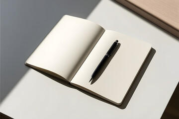 white notebook with a black pen, on a white background