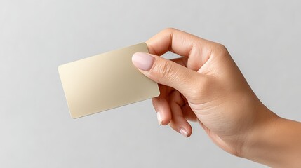 Obraz premium womans Hand holding a blank golden card against a neutral background