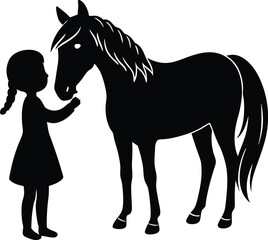 Black silhouette of a horse and a little girl touching it in a gentle moment