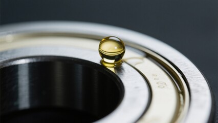 Close-up shot of a transparent golden capsule on a metal bearing with drops of oil, showcasing precision engineering and lubrication for optimal performance and reduced friction .