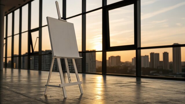 An empty white canvas stands on an easel in a modern studio with a city skyline visible through large windows during sunset