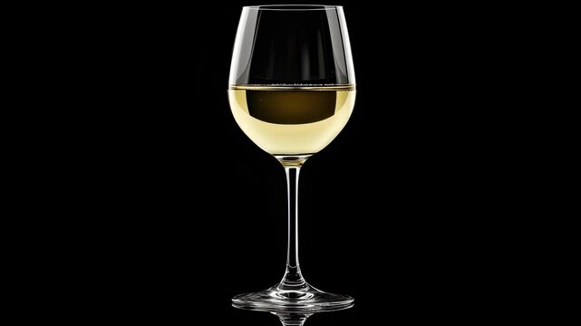 White wine glass with liquid motion on a black background, showing reflection and subtle bubbles for drink or celebration video.