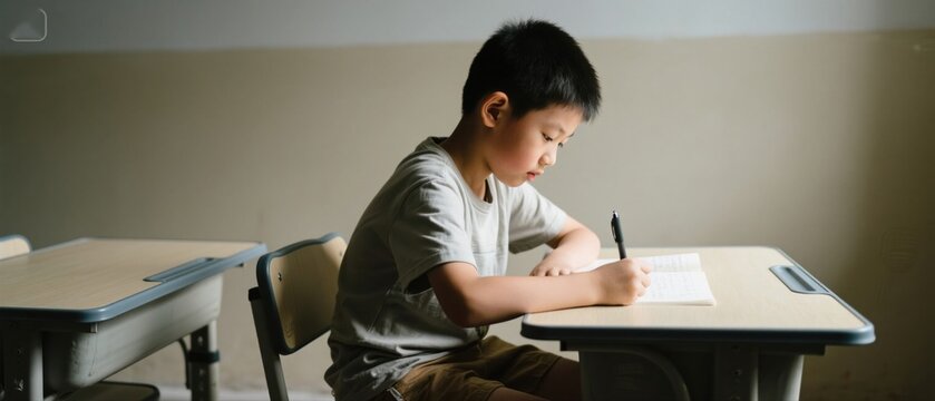 Concentrated young asian boy diligently completing schoolwork at his desk, displaying focus and dedication, dressed casually in a light t-shirt and khaki shorts in the classroom .