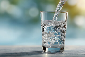 Refreshing Hydration: Sparkling water cascading into a crystal-clear glass, evoking feelings of refreshment and purity with a blurred, nature-inspired backdrop.