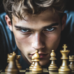 Man is playing chess with wooden pieces