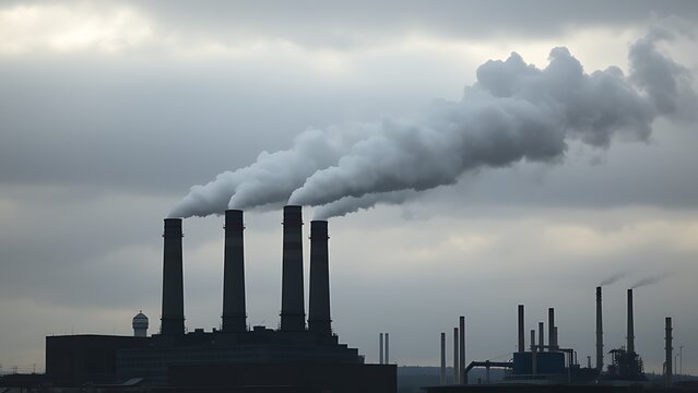 Industrial smokestacks releasing vapor into a cloudy sky, conveying an environmental message with muted tones.