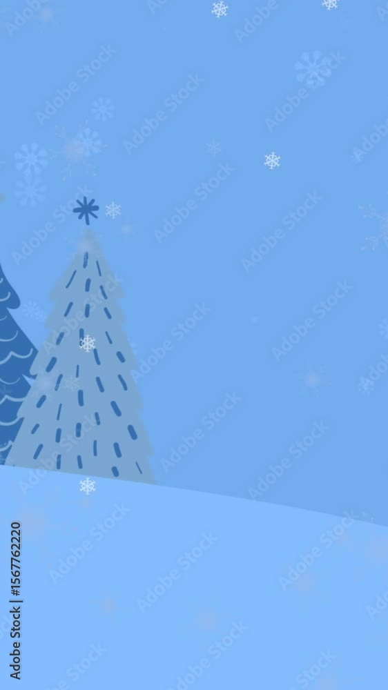 Poster animation of snowflake icons falling over trees on winter landscape with copy space