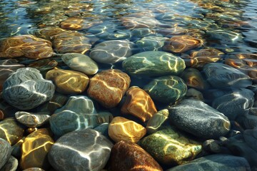 Sunlit River Rocks: Colorful, smooth river rocks glisten beneath crystal-clear water, sunlight illuminating their vibrant hues and textures.