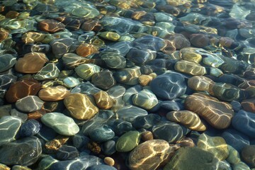 Underwater Pebbles: Smooth, colorful pebbles lie submerged in crystal-clear shallow water, sunlight filtering through to illuminate their vibrant hues.
