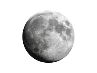 Detailed lunar surface with craters and maria against a black void moon celestial, Isolated, Transparent Png