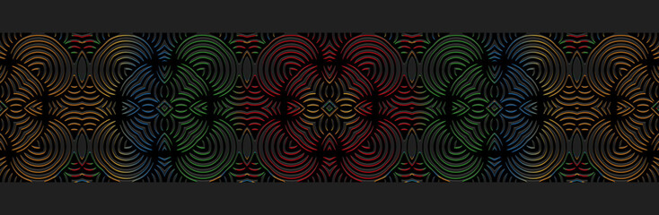 Banner, cover design, wallpaper. Tribal mural. Geometric ethnic shiny art pattern on black background, embossing, 3D. Ornaments, arabesques, mandala, painting of the East, Asia, India, Mexico, Aztecs.
