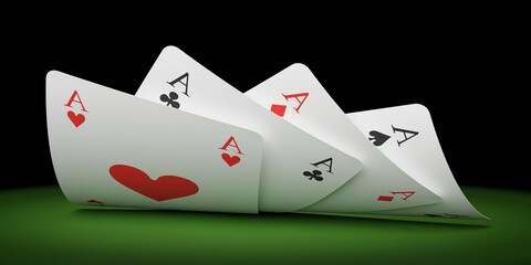 Four aces playing cards overlapping bend flat on green felt table with black background