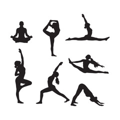 Collection of Black Silhouettes of Women Performing Various Yoga Poses Including Lotus Pose Warrior Pose and Splits Fitness Exercise Workout Graphic