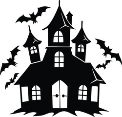 Creepy haunted house illustration with broken windows and eerie atmosphere