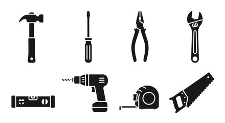 Fototapeta premium Hammer screwdriver pliers adjustable wrench drill level tape measure saw vector