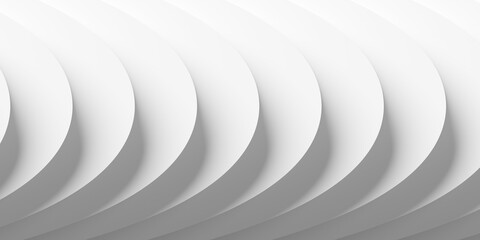 Row of white stepped circular curves, waves or dunes geometry background wallpaper banner, flat lay top view