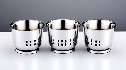 Various-sized, gleaming metal graters and strainers for cooking and kitchen preparation