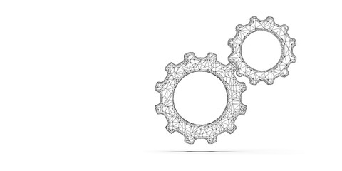 Pair of black low-poly wireframe gears or cogwheels floating on white background with copy space, technolgy, engineering or business background concept
