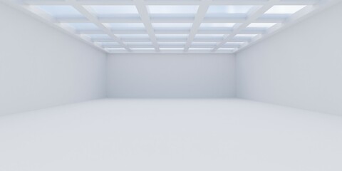 Fototapeta premium Abstract empty, modern white gallery room with glass ceiling grid and sky background - minimal interior background template