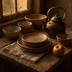 Rustic Still Life Earthenware Pottery and Apple on Wooden Table