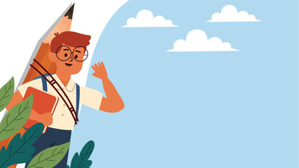 Cartoon boy holding giant pencil with blue sky background and green leaves