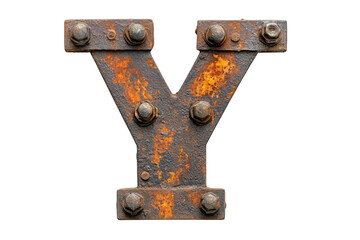 Rusty Letter Y with Bolts Industrial Alphabet Typography Character Vintage Steel Grunge Metal on transparent background