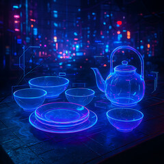 Cyberpunk Tea Set Futuristic Glass Teapot and Bowls in Neon Cityscape