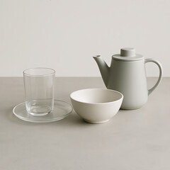 Elegant Grey Teapot, Glass, and Bowl Set Modern Minimalist Kitchenware