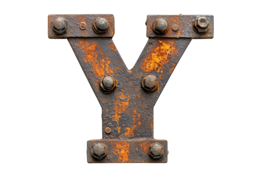 Rusty Letter Y with Bolts Industrial Alphabet Typography Character Vintage Steel Grunge Metal on transparent background