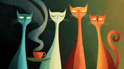 Four stylized cats with long necks and closed eyes — blue, white, and orange — near a steaming green cup on a red saucer, spiral steam, dark green-black background.