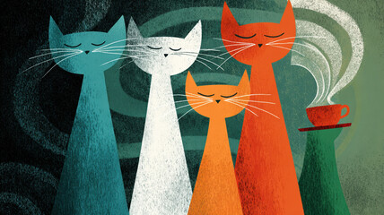 Four stylized cats with long necks and closed eyes — blue, white, and orange — near a steaming green cup on a red saucer, spiral steam, dark green-black background.