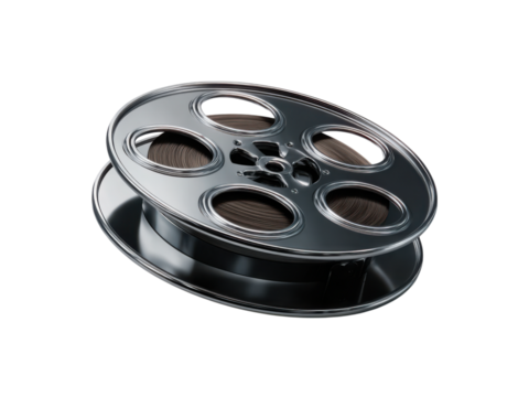 Metallic film reel with brown film on black background movie cinema, Isolated, Transparent Png