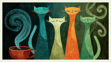 Four stylized cats with long necks and closed eyes — blue, white, and orange — near a steaming green cup on a red saucer, spiral steam, dark green-black background.