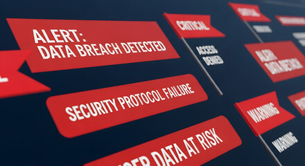 Cybersecurity concept showing a critical system alert for a data breach, highlighting security protocol failure and user data at risk.