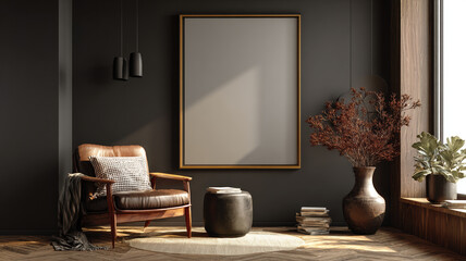 Realistic frame mockup in a modern dark home interior with rich textures, soft lighting, and clear copy space for artwork or text.