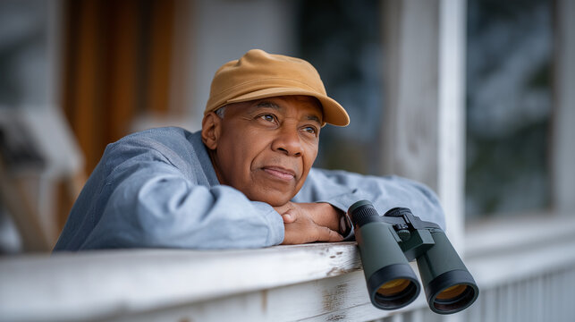 An elderly man observing birds through binoculars on a porch
