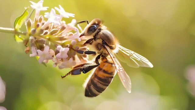 Honeybee close up macro shot collecting nectar from delicate pink and white flowers in soft sunlight showing insect pollination on flower