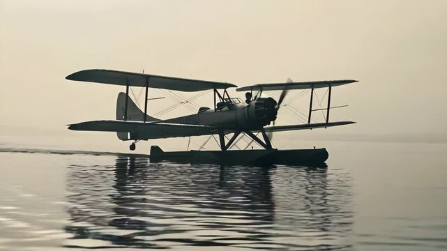 Vintage biplane seaplane floatplane aircraft floats on calm water surface during foggy weather creating peaceful nostalgic serene atmosphere